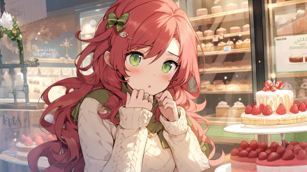 An 8K Ultra HD AI art anime wallpaper featuring a girl with long pink hair and green eyes, standing in a bakery filled with cakes and pastries.