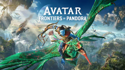 Stunning 8K Ultra HD wallpaper from the video game Avatar: Frontiers of Pandora showing a Na'vi riding a flying creature over a lush, vibrant alien landscape.