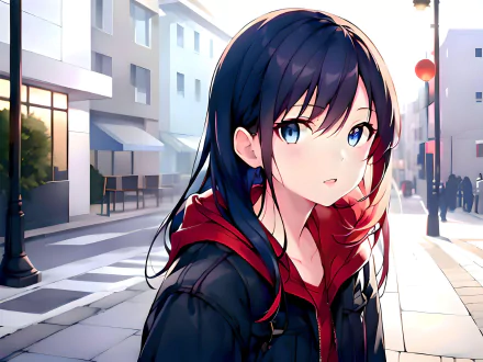 4K Ultra HD anime girl with dark hair and blue eyes, set against a city street background, rendered in detailed AI art style for a PC desktop wallpaper.