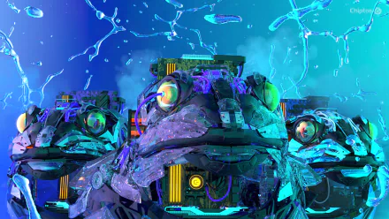 HD PC desktop wallpaper featuring futuristic robotic frogs with glowing eyes surrounded by translucent blue droplets against a vibrant cyan background.