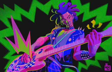 HD PC desktop wallpaper of Spider-punk Hobart Brown playing electric guitar, inspired by the movie Spider-Man: Across the Spider-Verse with vibrant neon colors and dynamic design.