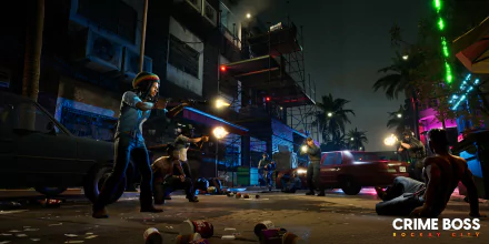 HD desktop wallpaper from Crime Boss: Rockay City featuring a dynamic street shootout scene at night with vivid lighting and detailed characters.