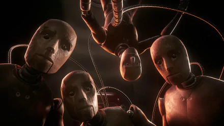 HD desktop wallpaper from Atomic Heart featuring close-up of eerie robots with puppet-like features, highlighted by ethereal backlighting.