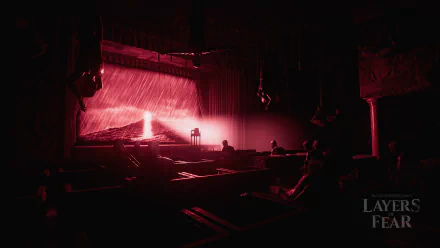 HD Layers of Fear desktop wallpaper featuring a dramatic red-lit scene with eerie abandoned theater interior as background.