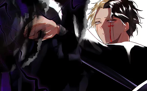 5K Ultra HD PC wallpaper: Rayne Ames from Mashle: Magic and Muscles — blood trailing from his eye, pale face framed by dark, swirling magic and stark light.