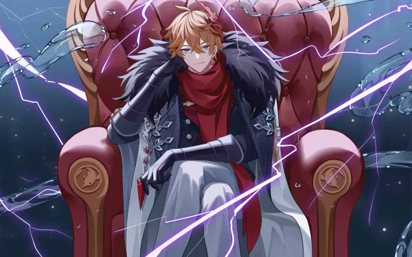 4K Ultra HD PC wallpaper featuring Tartaglia Childe from the video game Genshin Impact, seated on a plush chair with lightning effects illuminating the scene.