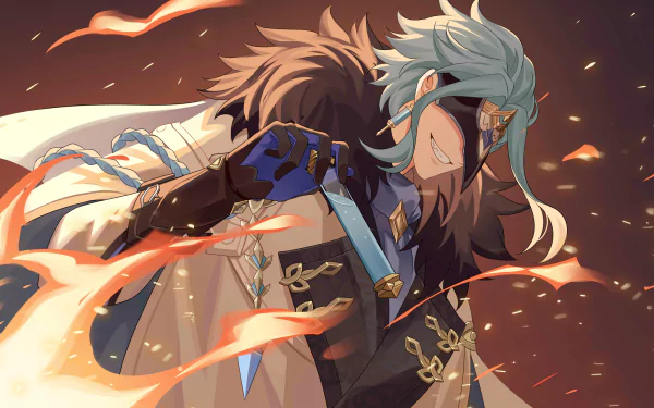 Il Dottore from Genshin Impact depicted in dynamic action with fiery effects, designed as a 4K Ultra HD PC desktop wallpaper from the video game.