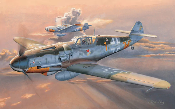 HD PC desktop wallpaper showing two military Messerschmitt Bf 109 fighters soaring through sunset clouds, detailed camouflage and squadron markings.