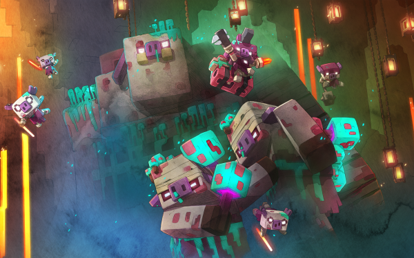 HD desktop wallpaper featuring an artistic rendering of a scene from Minecraft Legends, showcasing stylized characters and structures in a colorful, fantasy setting.