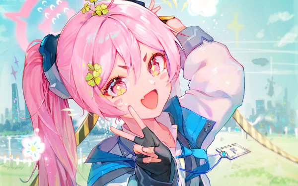 4K Ultra HD PC desktop wallpaper of Kurosaki Koyuki from the video game Blue Archive: pink‑haired girl in a school uniform flashing a peace sign with a bright city park background.
