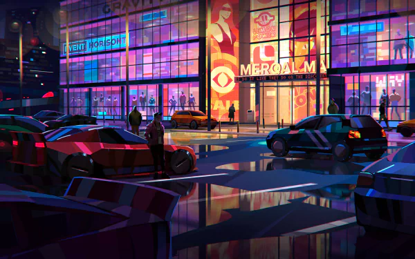 HD desktop wallpaper from the video game Tenet of The Spark featuring a vibrant neon-lit cityscape with futuristic cars and glowing billboards.