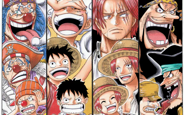 HD desktop wallpaper featuring vibrant close-ups of Marshall D. Teach, Shanks, Monkey D. Luffy, and Buggy from the anime One Piece.