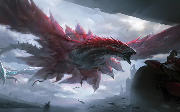 A dynamic 4K Ultra HD anime wallpaper featuring a fierce Black Rose Dragon and Stardust Dragon from Yu-Gi-Oh! soaring through a stormy sky.