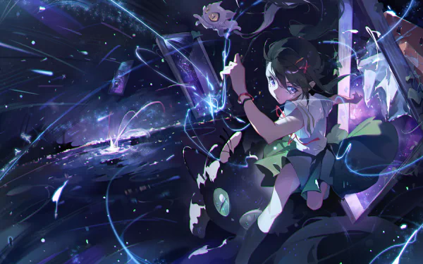 4K Ultra HD anime wallpaper featuring Suzume Iwato and characters Sadaijin and Daijin from Suzume no Tojimari in a dynamic, cosmic scene.