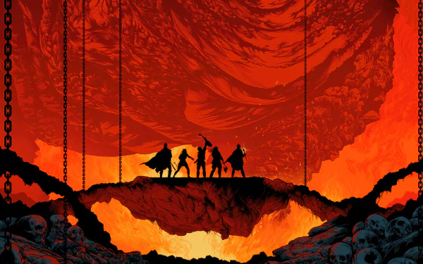 Silhouettes of adventurers stand on a rocky bridge over a fiery chasm in a 4K Ultra HD PC wallpaper from the movie Dungeons & Dragons: Honor Among Thieves.