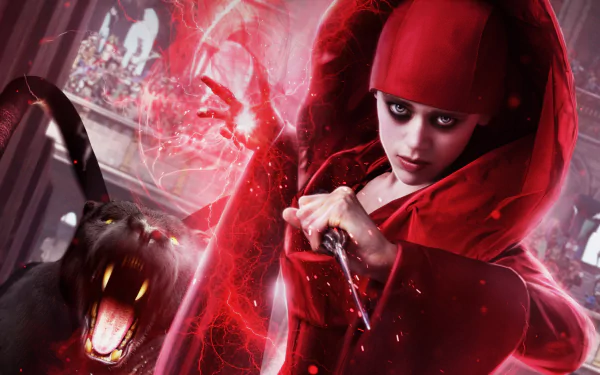 HD PC desktop wallpaper featuring Daisy Head as a character from the movie Dungeons & Dragons: Honor Among Thieves, depicted in a dramatic red costume with magical effects.