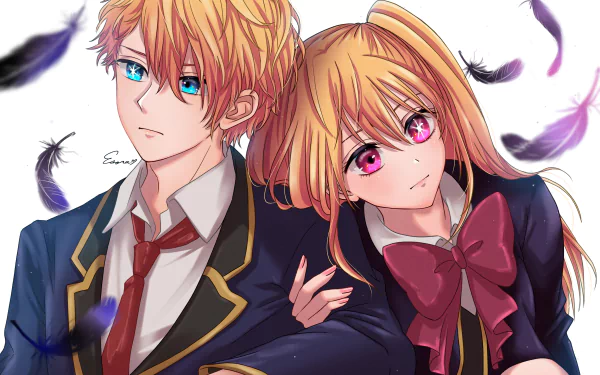 Anime-style 4K Ultra HD wallpaper featuring Ruby Hoshino and Aquamarine Hoshino from Oshi no Ko with vibrant colors and detailed character designs.