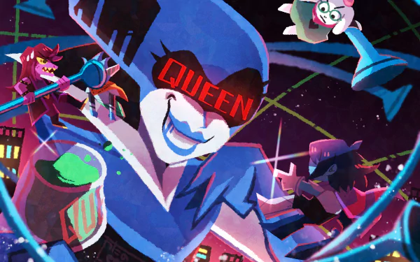 Vibrant 4K Deltarune wallpaper featuring Queen, Berdly, Ralsei, Susie, and Kris in dynamic action poses from the video game.