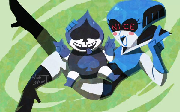 HD desktop wallpaper featuring Queen and Lancer from the video game Deltarune in a vibrant, dynamic pose with a swirling green background.