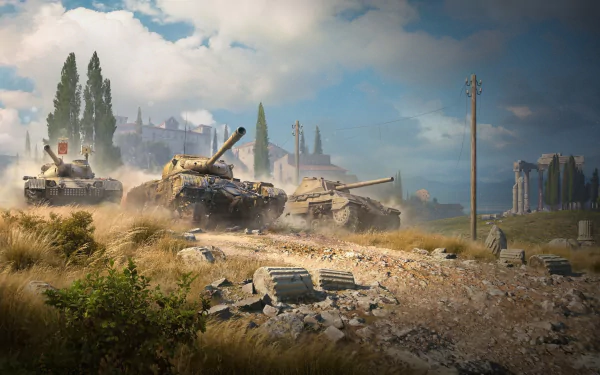 2K Quad HD PC desktop wallpaper of World of Tanks: three heavy tanks advancing across a dusty battlefield near ruined buildings under a dramatic sky, video game artwork.
