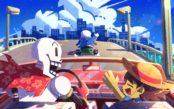 4K Ultra HD PC wallpaper featuring Sans, Papyrus, and Frisk from the video game Undertale enjoying a sunny ride across a bridge with a city skyline backdrop.