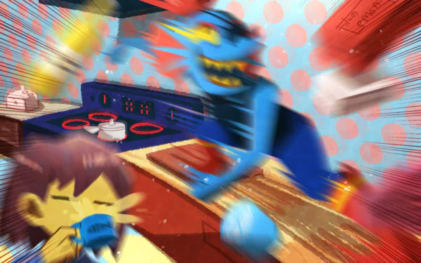 Blurred action scene featuring Undyne and Frisk from the video game Undertale in a dynamic kitchen setting, rendered as a 4K Ultra HD PC desktop wallpaper.