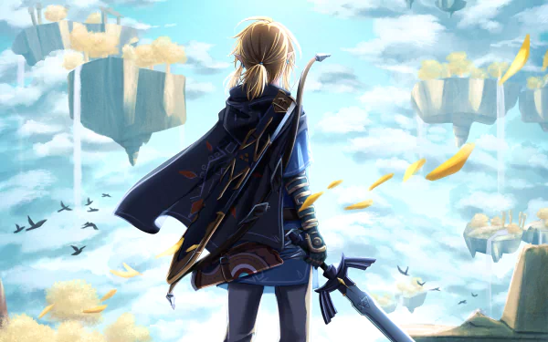 HD PC desktop wallpaper featuring Link from the video game The Legend of Zelda: Tears of the Kingdom, standing with a sword in a floating island landscape.