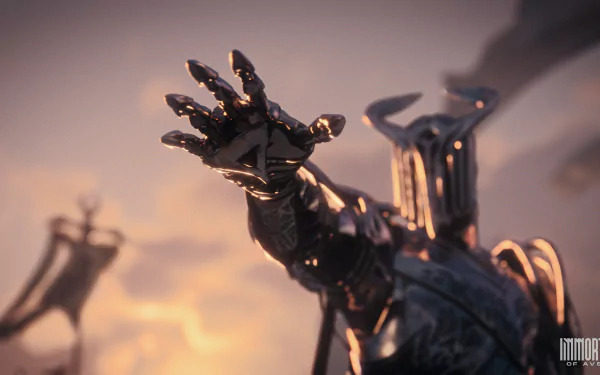 An epic HD wallpaper from the video game Immortals of Aveum, featuring a character reaching out with an intricately designed metallic hand against a dramatic sky.