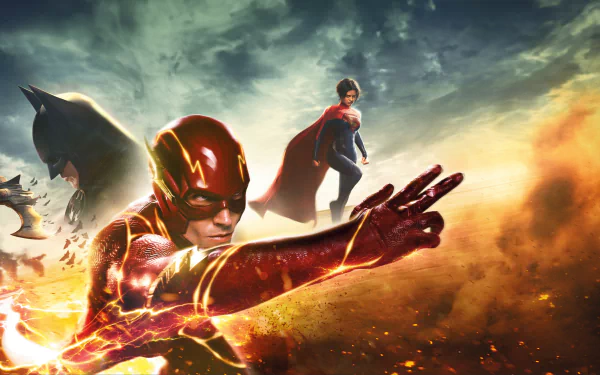 8K Ultra HD PC desktop wallpaper featuring The Flash (2023) movie characters, including The Flash, Batman, and Supergirl against a dramatic, fiery sky backdrop.