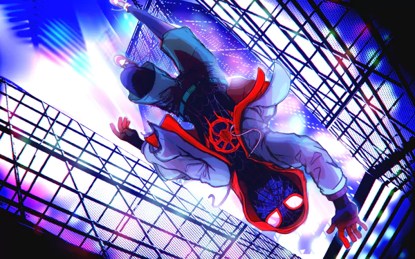 Miles Morales from Spider-Man: Into The Spider-Verse swings through a vibrant, neon-lit cityscape in this 4K Ultra HD PC desktop wallpaper.