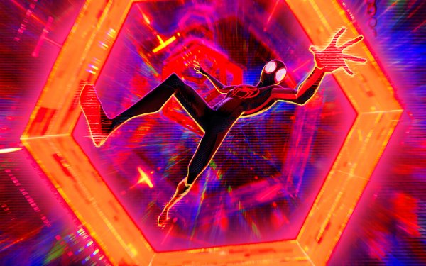 Spider-Man character swinging through vibrant, hexagonal portals in a scene from Spider-Man: Across The Spider-Verse, perfect for HD desktop wallpaper.