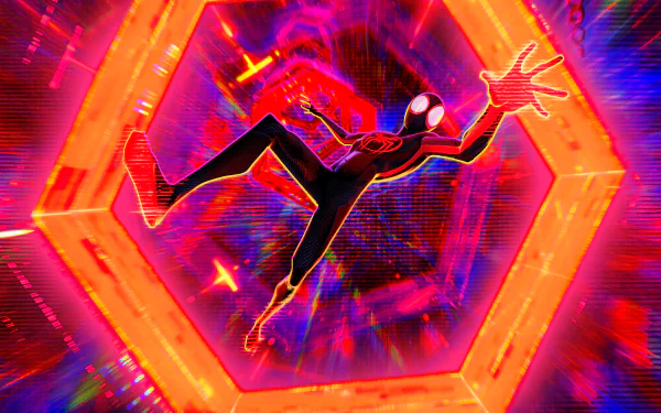 HD desktop wallpaper from Spider-Man: Across the Spider-Verse featuring Spider-Man swinging through a vibrant, dynamic multicolored portal.