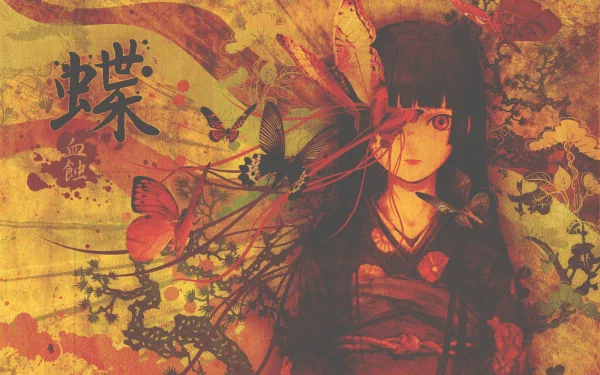 Anime Hell Girl HD PC desktop wallpaper: solemn dark-haired girl in kimono entwined with red butterflies and ink-brush floral motifs on a gold-red textured background.