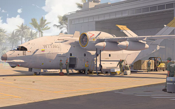 HD desktop wallpaper of a large military airplane parked at an airbase, with ground crew and equipment nearby.