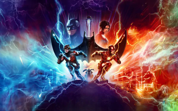 4K Ultra HD desktop wallpaper featuring dynamic characters from the movie The Flash (2023) with vivid blue and red lightning effects.