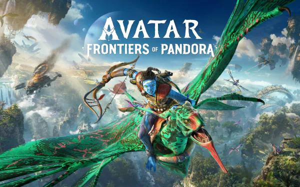 Stunning 8K Ultra HD wallpaper from the video game Avatar: Frontiers of Pandora showing a Na'vi riding a flying creature over a lush, vibrant alien landscape.