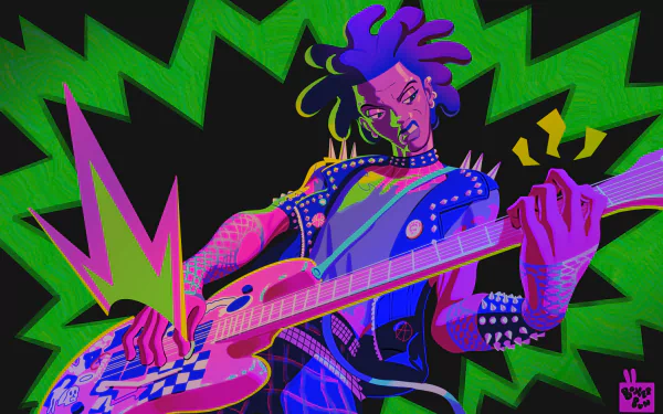HD PC desktop wallpaper of Spider-punk Hobart Brown playing electric guitar, inspired by the movie Spider-Man: Across the Spider-Verse with vibrant neon colors and dynamic design.