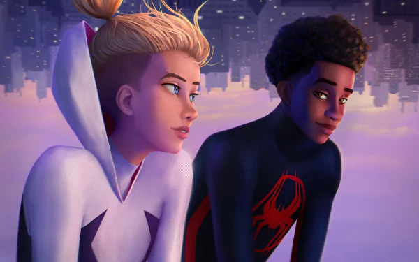 HD desktop wallpaper featuring Miles Morales and Gwen Stacy from the movie Spider-Man: Across the Spider-Verse against a cityscape at twilight.