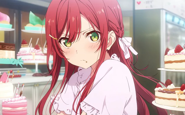 Anime girl with red hair and green eyes, set against a detailed bakery background in 8K Ultra HD, designed as a vibrant PC desktop wallpaper.