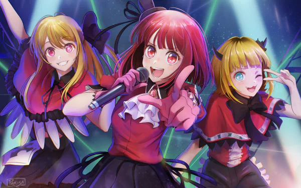 4K Ultra HD anime wallpaper featuring Mem-Cho, Kana Arima, and Ruby Hoshino from Oshi no Ko performing on stage with vibrant lighting effects.