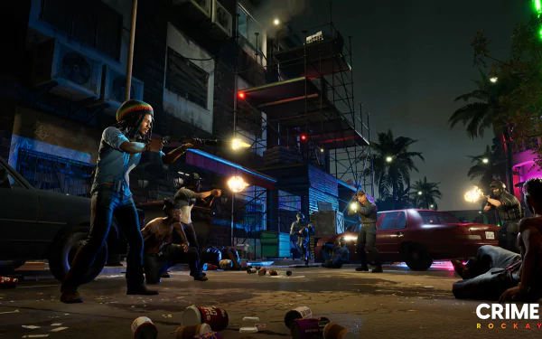 HD desktop wallpaper from Crime Boss: Rockay City featuring a dynamic street shootout scene at night with vivid lighting and detailed characters.