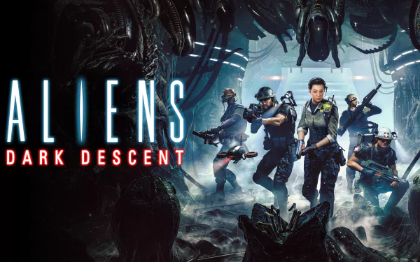 HD desktop wallpaper for Aliens: Dark Descent featuring armed characters and menacing alien creatures.