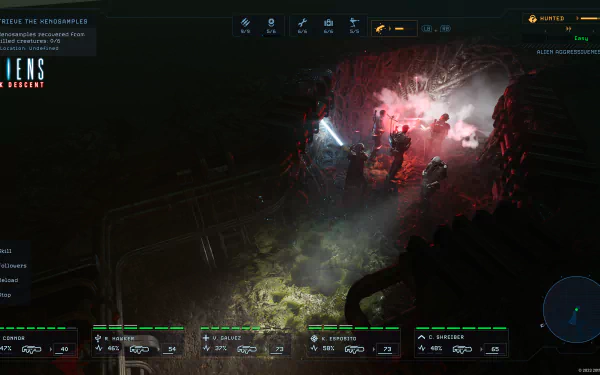 HD desktop wallpaper from Aliens: Dark Descent featuring a tense combat scene with soldiers battling aliens in a dimly lit, futuristic environment.