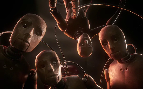 HD desktop wallpaper from Atomic Heart featuring close-up of eerie robots with puppet-like features, highlighted by ethereal backlighting.