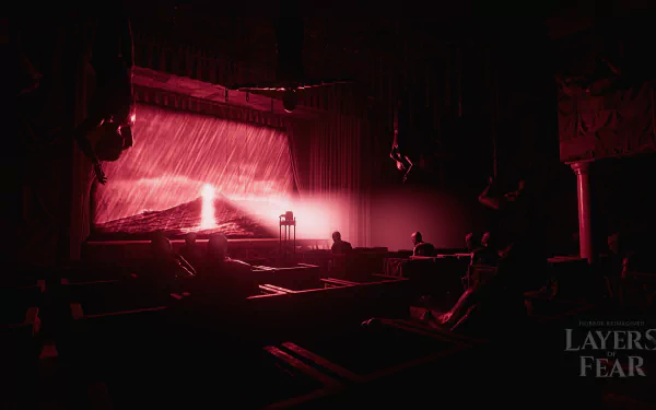 HD Layers of Fear desktop wallpaper featuring a dramatic red-lit scene with eerie abandoned theater interior as background.