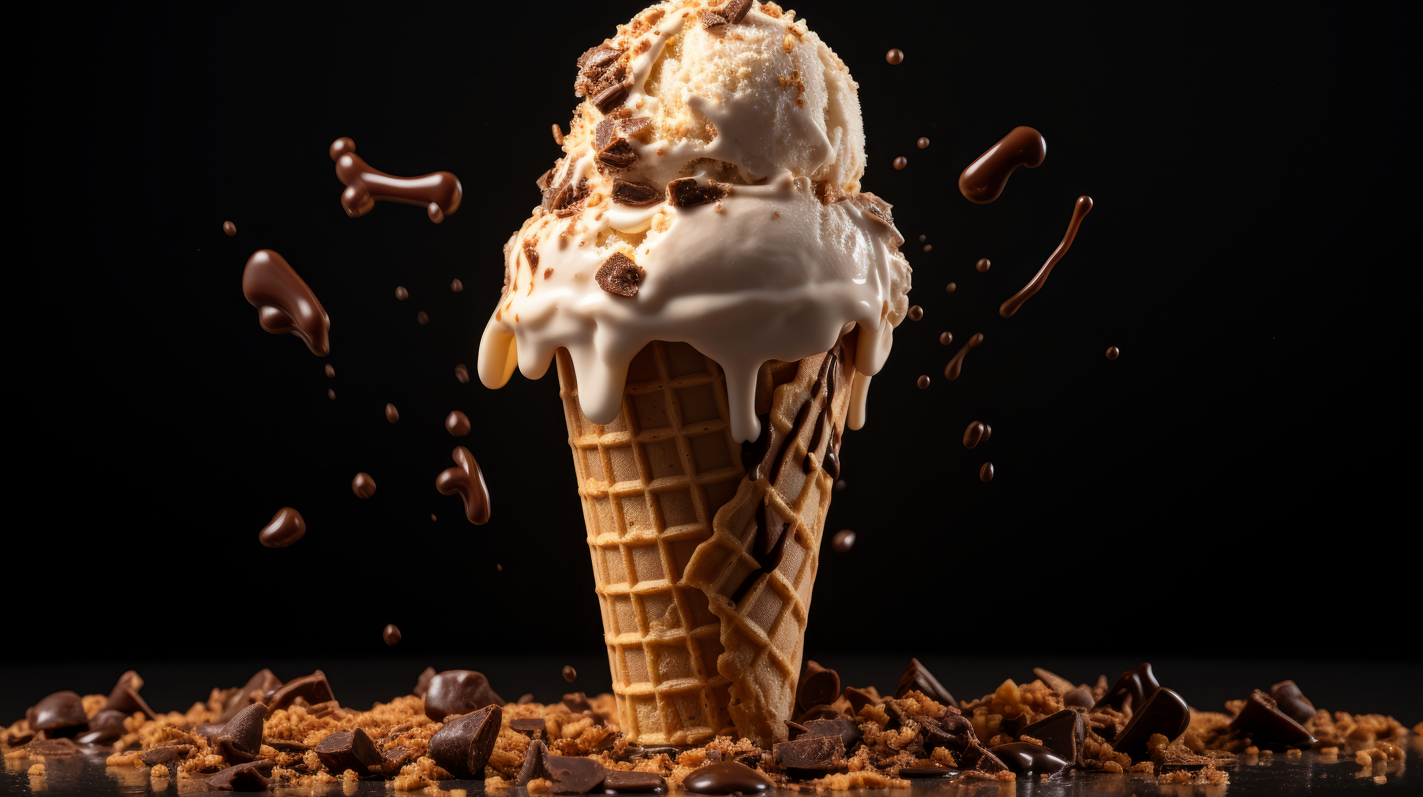 HD Wallpaper of melting ice cream cone with chocolate splashes and cookie crumbles on a dark background, AI art.