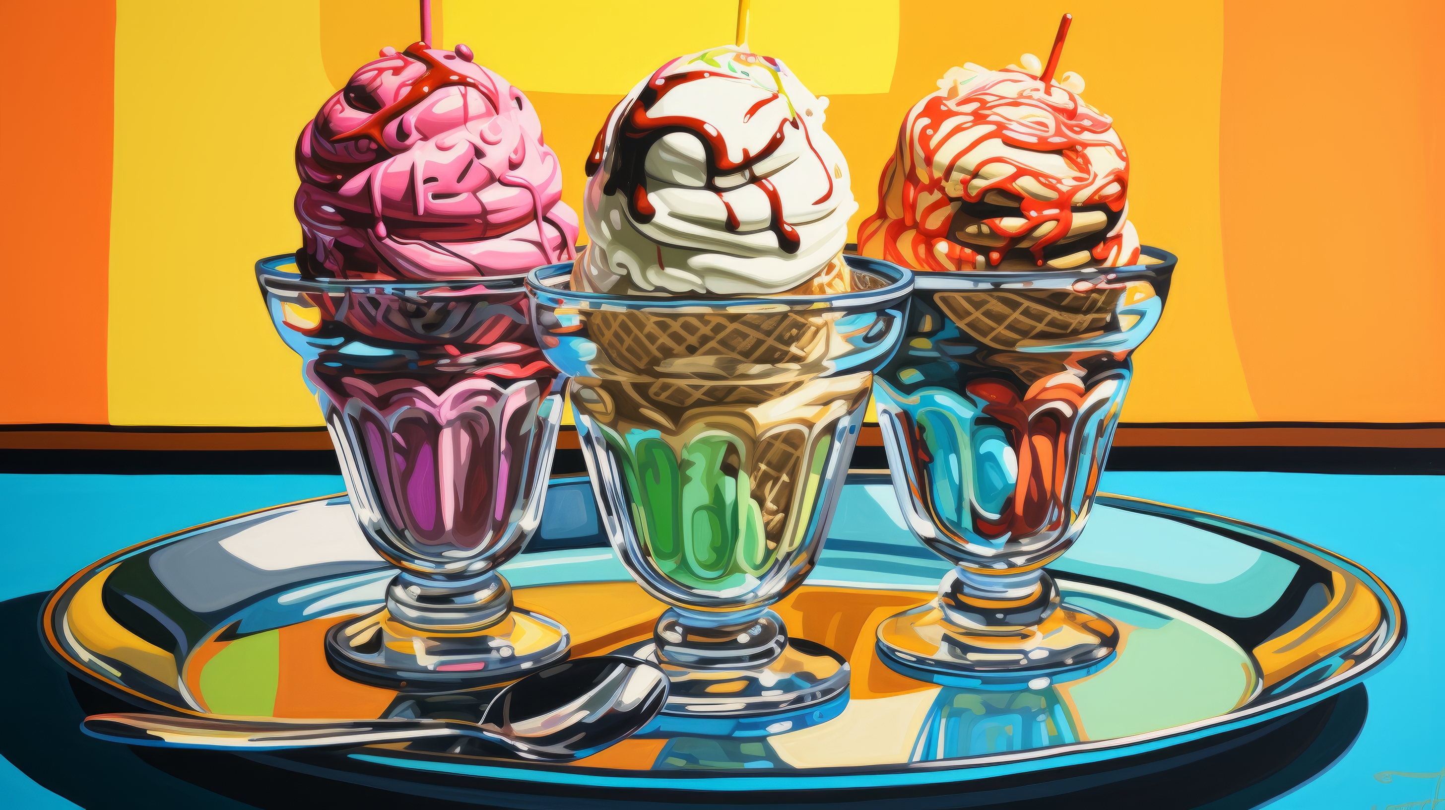 HD desktop wallpaper featuring vibrant AI art of three ice cream sundaes with colorful backgrounds.