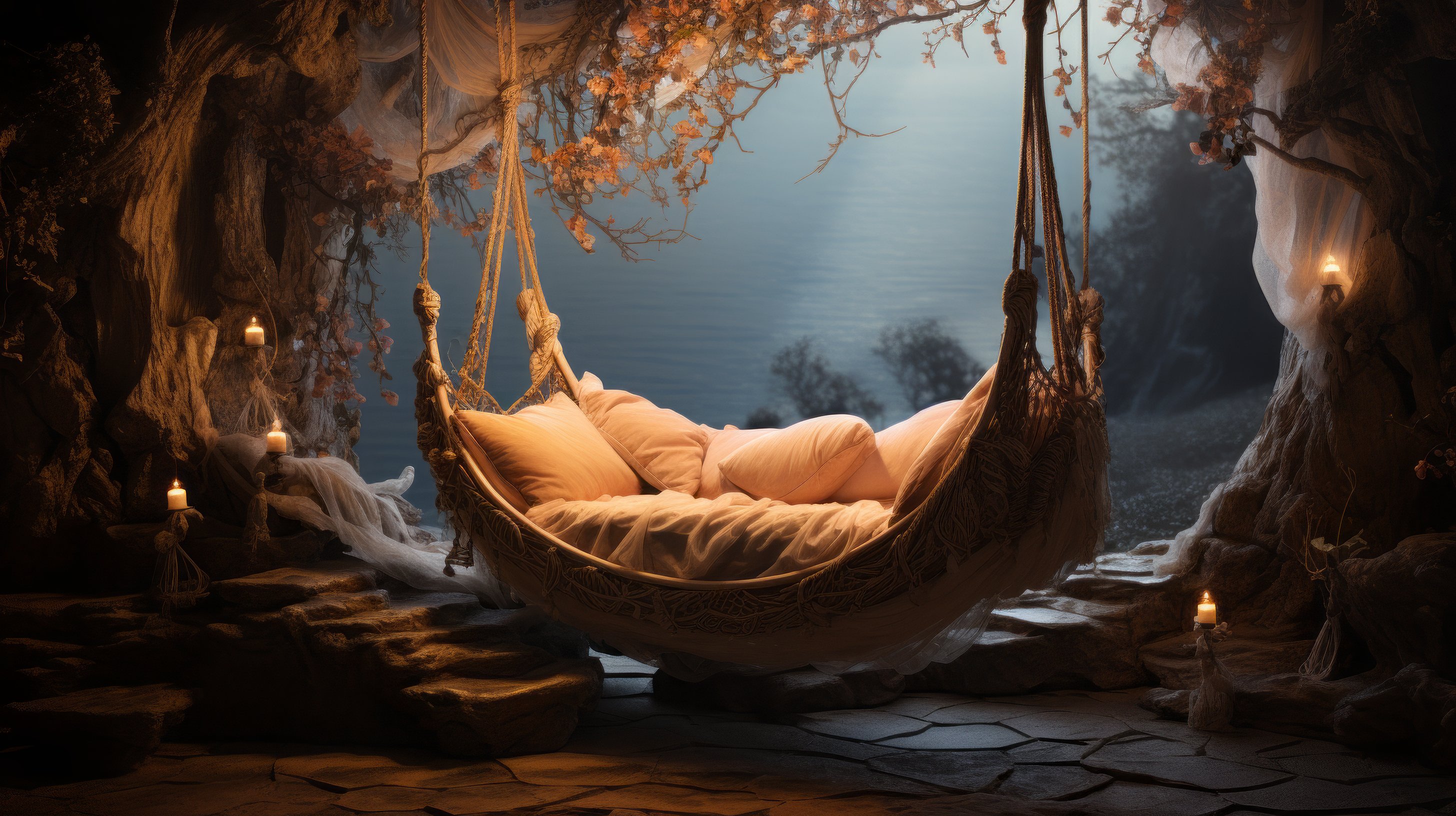 Enchanting AI-generated HD wallpaper featuring a cozy hammock in an atmospheric cave with soft lighting and serene surroundings, perfect for a desktop background.