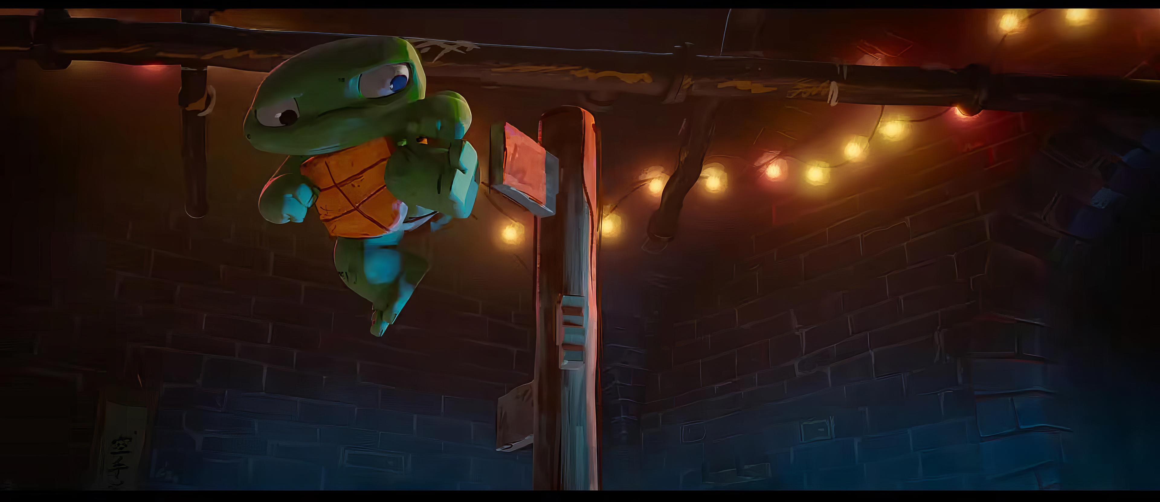 Teenage Mutant Ninja Turtle character leaping in a dynamic pose with urban background, HD wallpaper from Teenage Mutant Ninja Turtles: Mutant Mayhem.