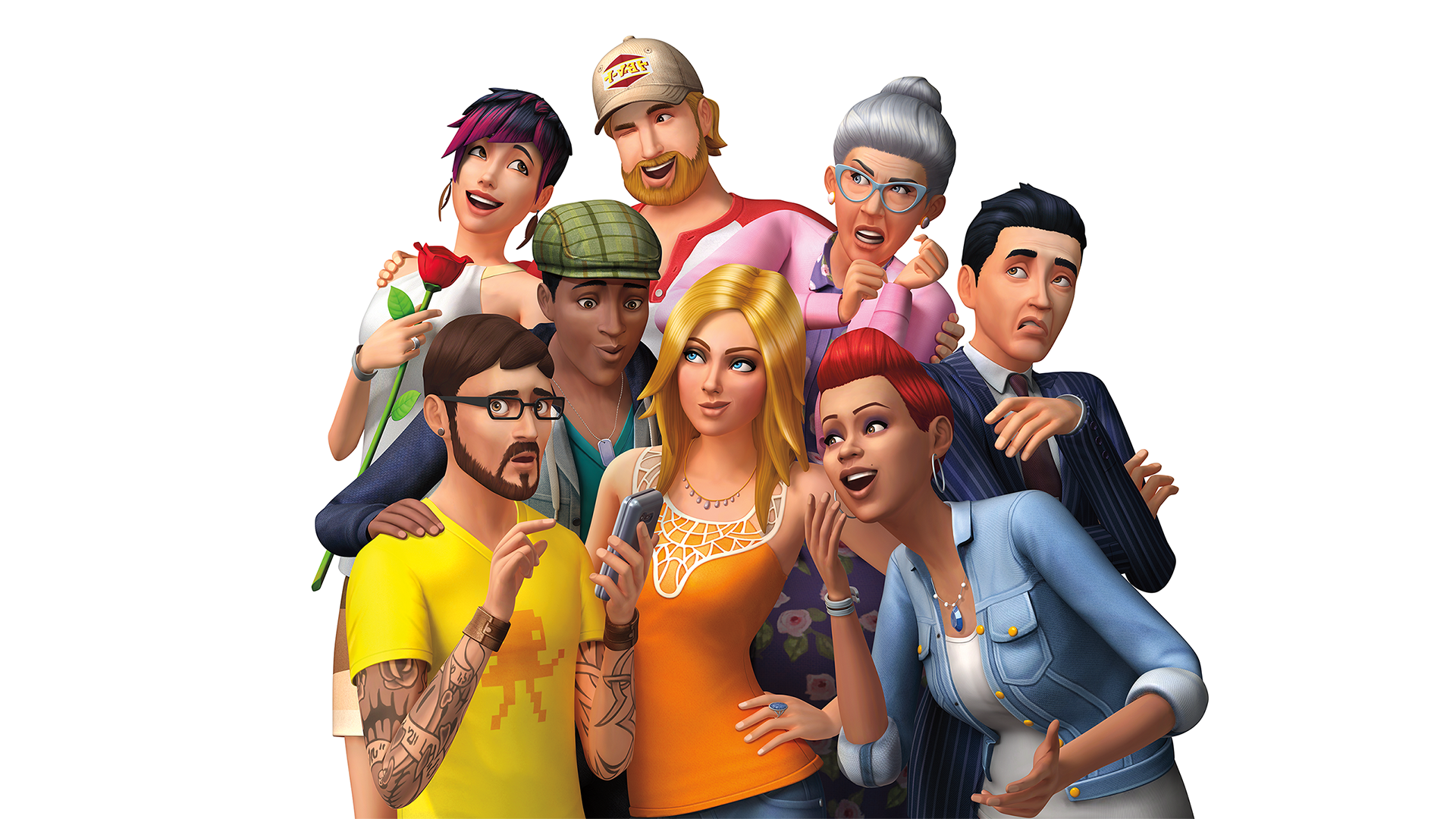 HD desktop wallpaper featuring a group of diverse animated characters from The Sims 4, displaying expressive poses and emotions.